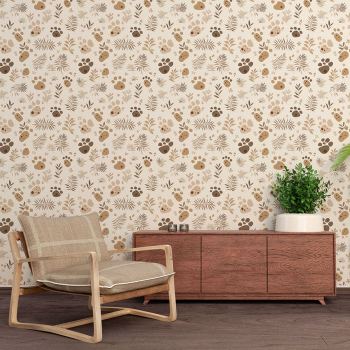 Mural Wallpaper animal prints | Playful pattern of prints and vegetation in earthy tones