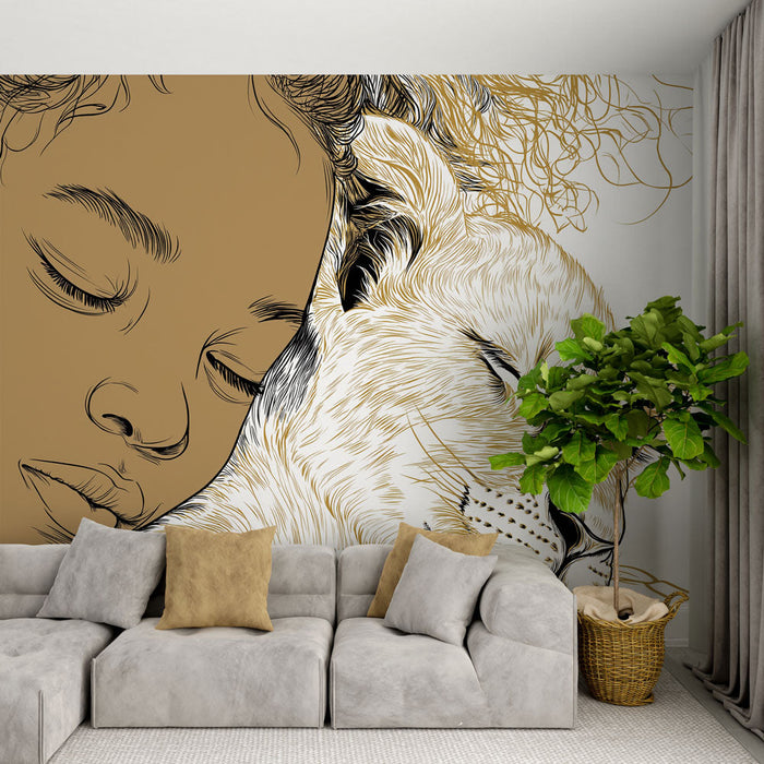 Fototapeet metsik lapsele | Õrn hetk lõvi kutsika ja magava lapse vahel