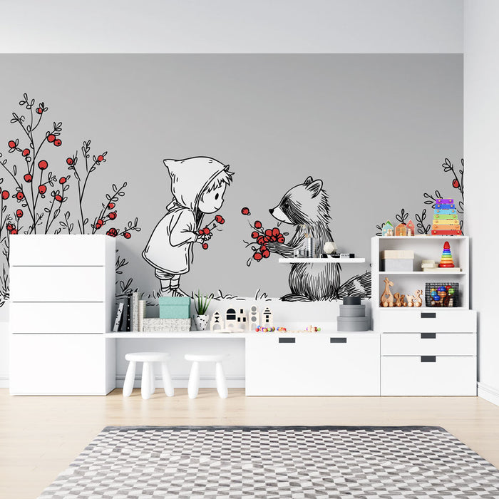 Papel pintado para niños | Niño y mapache intercambiando flores rojas