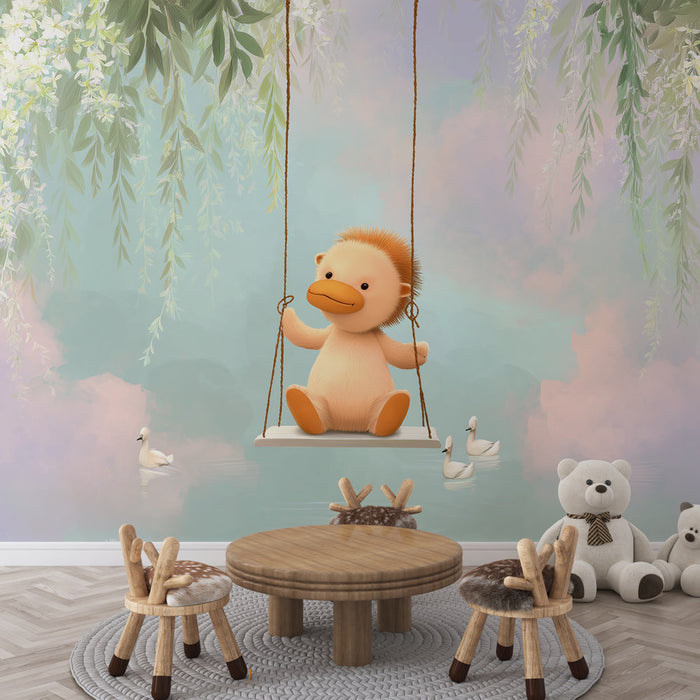Fototapete für Kinder | Ein entzückendes Charakter auf einer Schaukel umgeben von Blumen und Enten