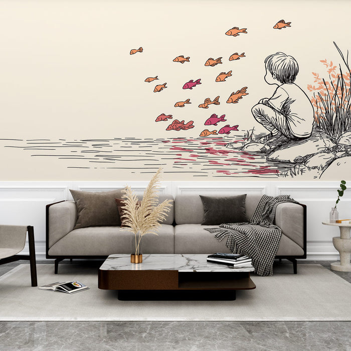 Fototapeet lapsele | Laps vaatab rahulikul rannal värvilisi kalu