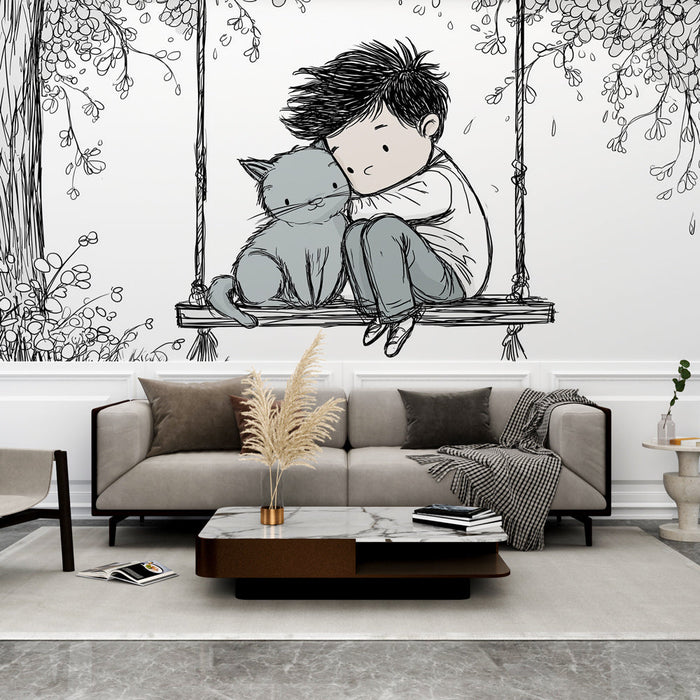 Fototapet enfantin | En pojke och hans katt på en gunga under ett träd