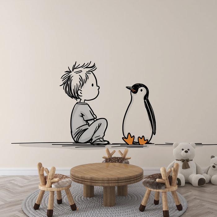 Tapet pentru copii | Un băiat și un pinguin într-un stil minimalist