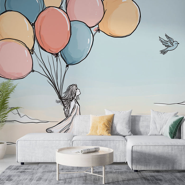 Dětská tapeta | Snivá malá holčička s pestrobarevnými balónky na klidné obloze