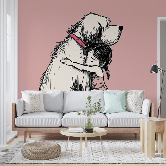 Papel pintado infantil | Un tierno abrazo entre un niño y un perro en un fondo rosa