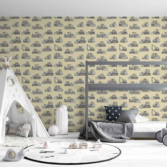 Fototapet anleggsmaskiner | Illustrerte mønstre av anleggskjøretøy på en beige bakgrunn