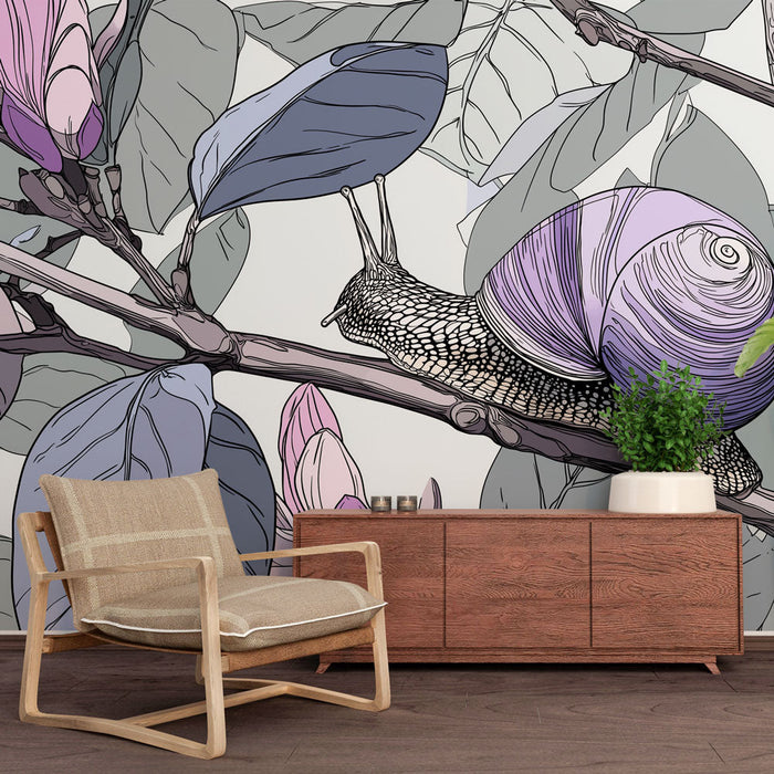 Tapetti etanat ja kukat | Etana violetin sävyjen keskellä hienojen lehtien joukossa