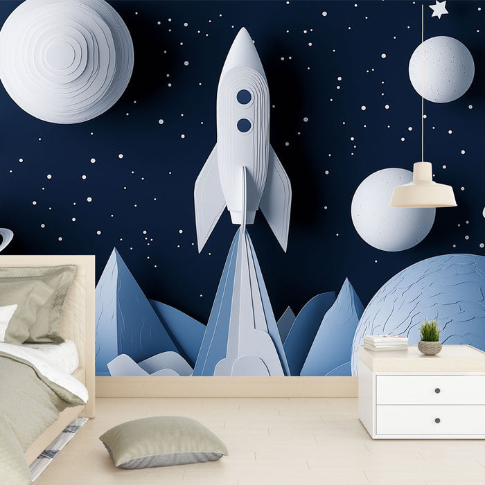 Tapete espaço | Exploração espacial em papel recortado branco e azul