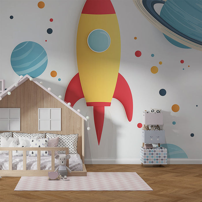 Papel de parede espaço | Foguete colorido e planetas divertidos