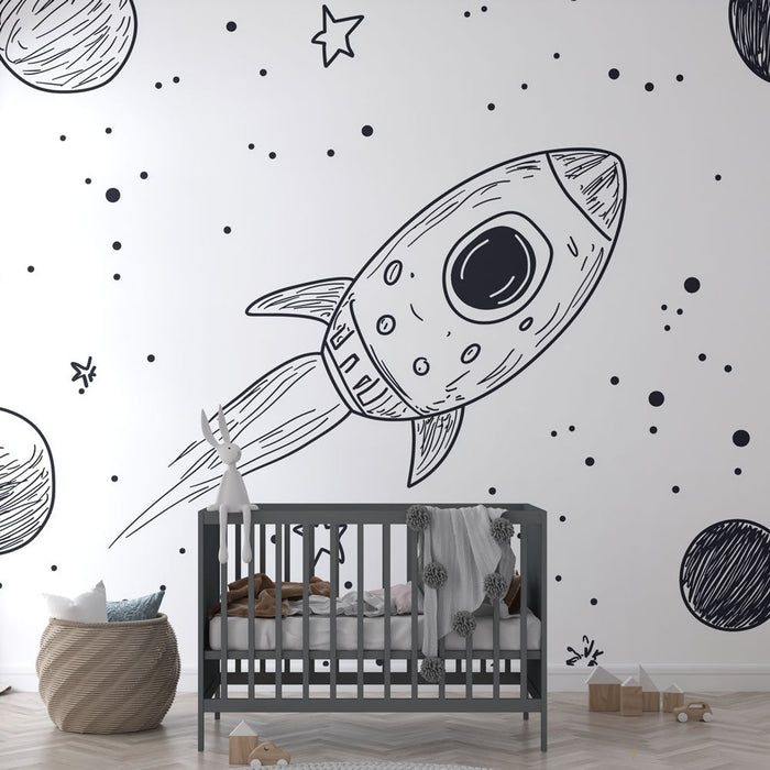 Papel de parede espaço | Foguete e planetas desenhados à mão