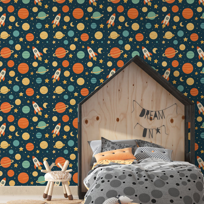 Papel de parede espaço | Padrões de foguete, planeta e estrela colorida