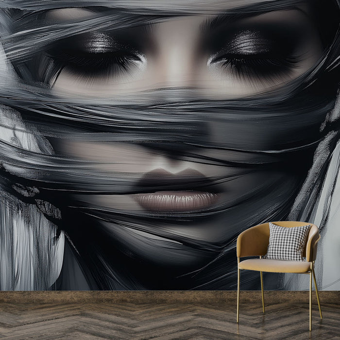 Mural Wallpaper ethereal | Mysterious face wrapped in abstract threads