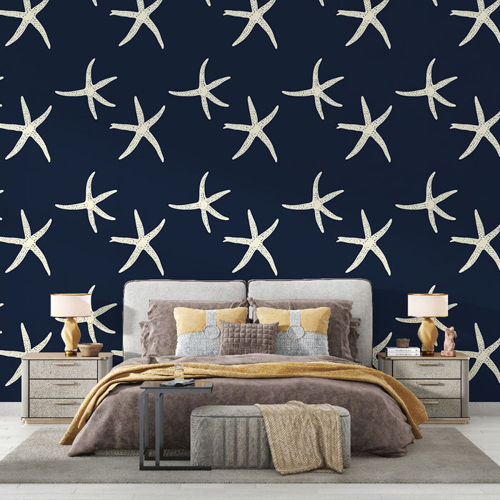Fototapet søstjerne | Hvid søstjerne mønster på marineblå baggrund