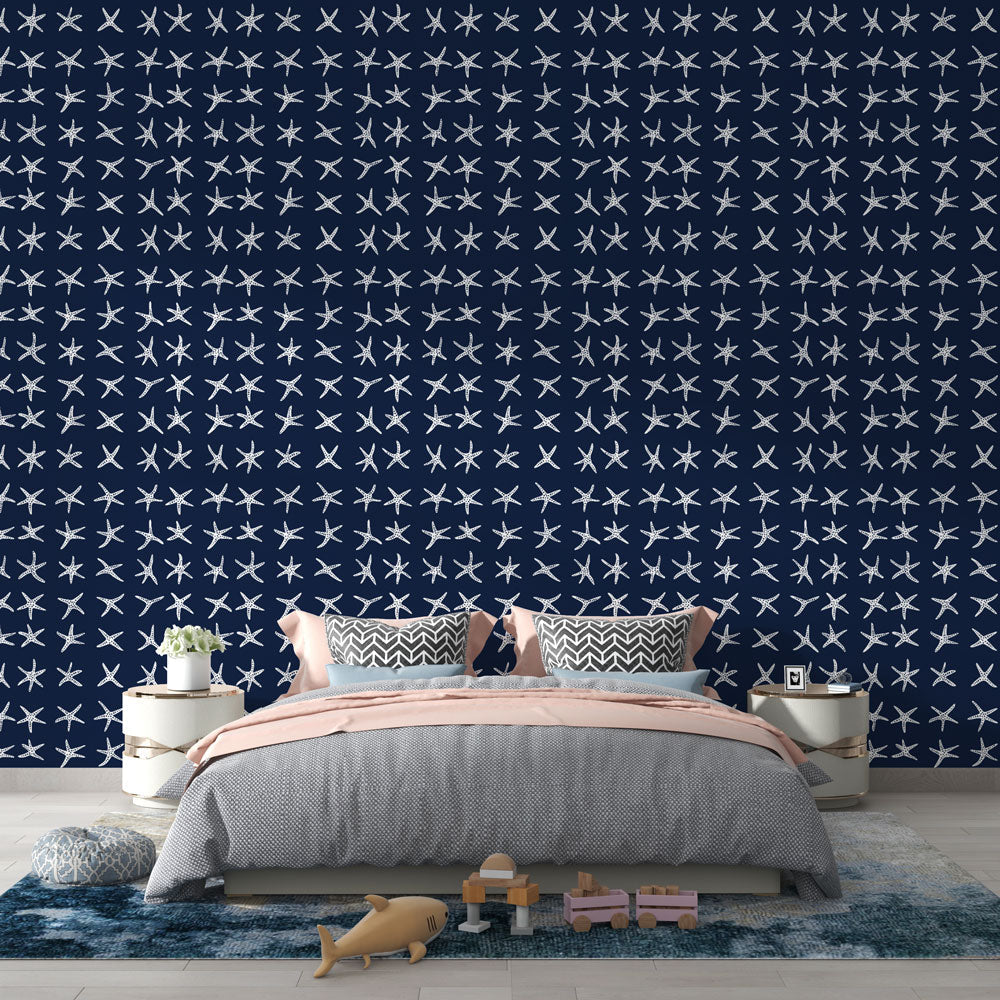 Foto Behang zeester | Witte zeester patronen op marineblauwe achtergro —  WonderMural, image size:1000x1000