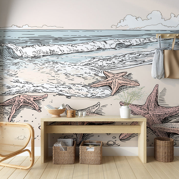 Carta da parati stella marina | Paesaggio costiero rilassante con stelle marine colorate sulla spiaggia