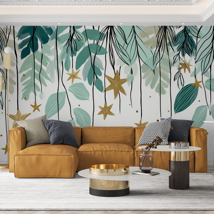 Carta da parati stelle e foglie | Uno scintillio di natura e magia dorata