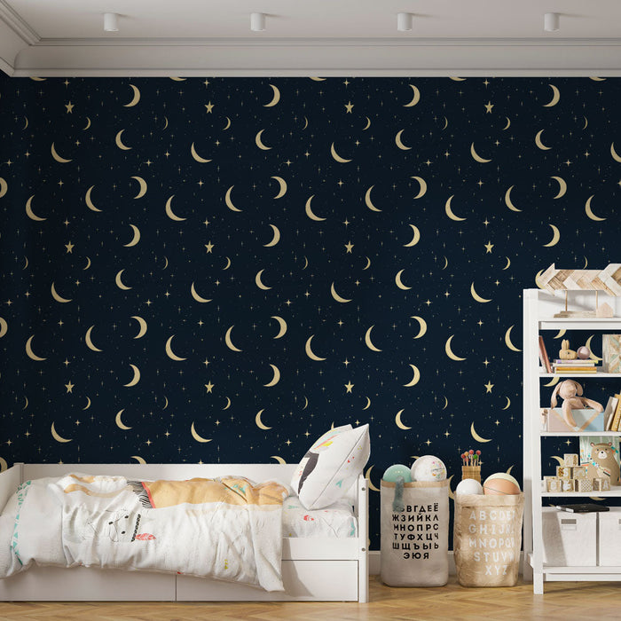 Tapete Sterne und Monde | Mond- und Sternmuster auf schwarzem Hintergrund