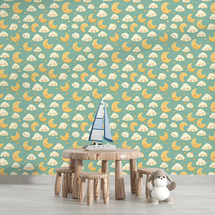 Papel de parede estrelas e nuvens | Estrelas e nuvens sorridentes e fofas com luas douradas