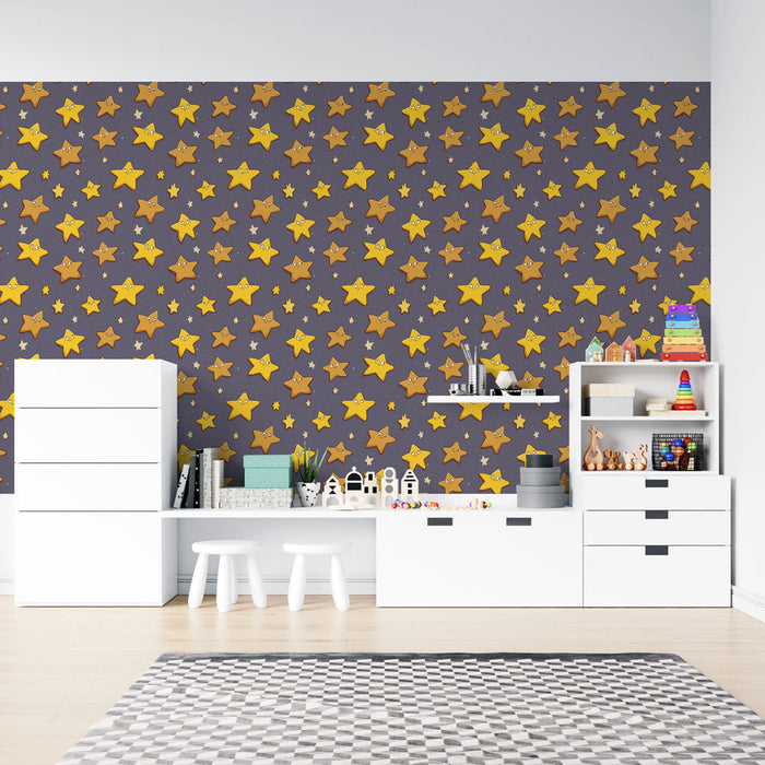 Tapetti söpöitä tähtiä | Leikkisä kuvio hymyilevistä tähdistä violetilla taustalla