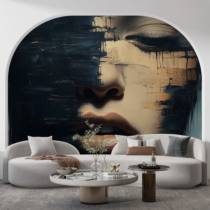 Mural Wallpaper Expressionist | Abstract Face with Dark and Golden Colors