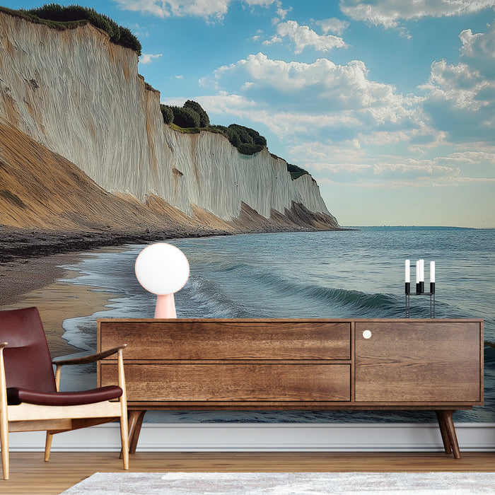 Tapeta nadmorski klif | Uspokajający krajobraz morski z białym klifem i morzem