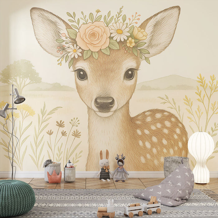 Fototapet s cvjetnim uzorkom | Ljupki faon ukrašen vjenčićem od cvijeća