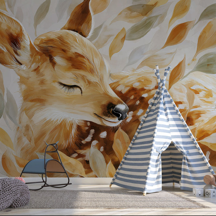 Fototapet faon | Mehke ilustracije srnjaka med pisanim listi