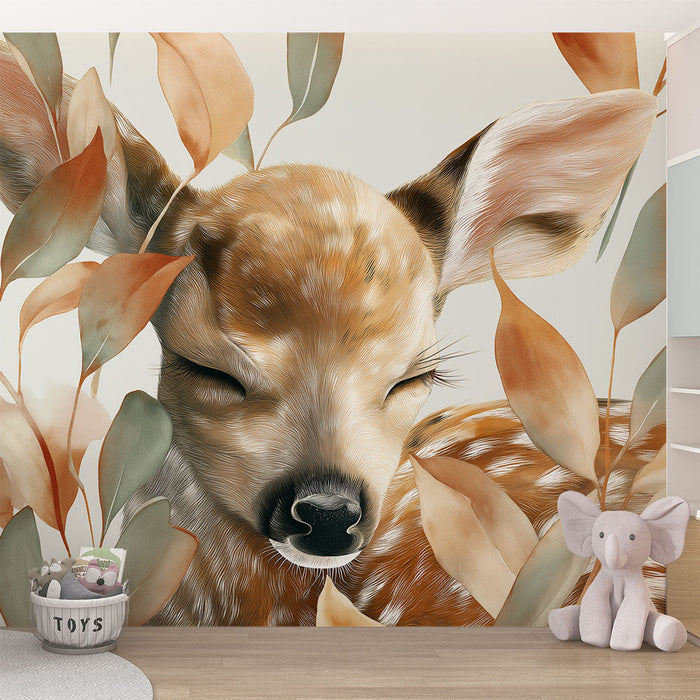 Fototapet faon | Srčkano spalni jelenček obdan s pastelnimi listi