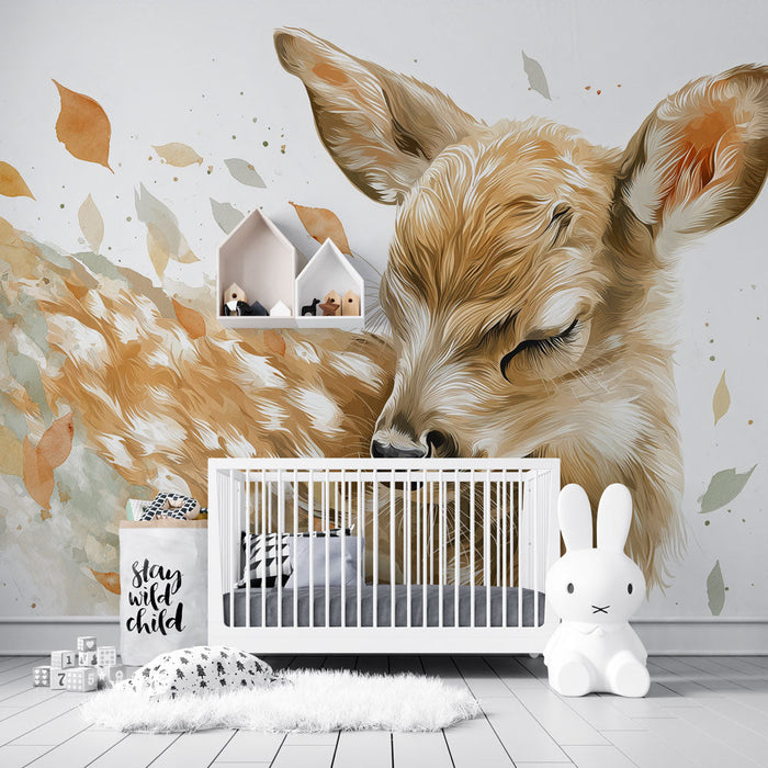 Fototapet faon | Ljubko srnče obdano z nežnimi listi