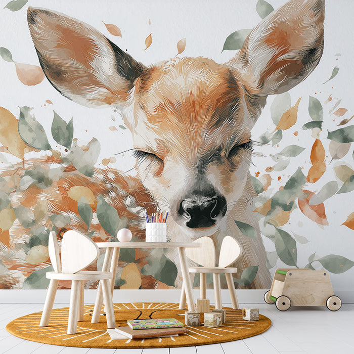 Mural Wallpaper faon | Едно симпатично еленче, заобиколено от нежни и цветни листа