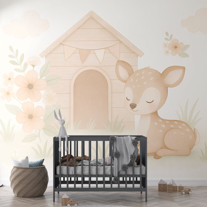 Fototapet hafif doğa | Ahşap evinin önünde huzurlu bir yavru geyik