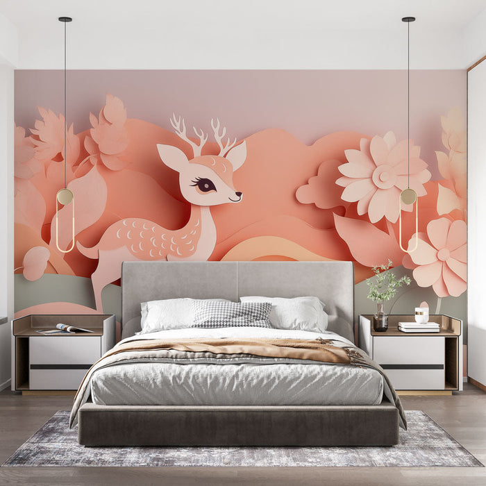 Mural Wallpaper fauna and flora | Bambi in a garden of pastel paper flowers