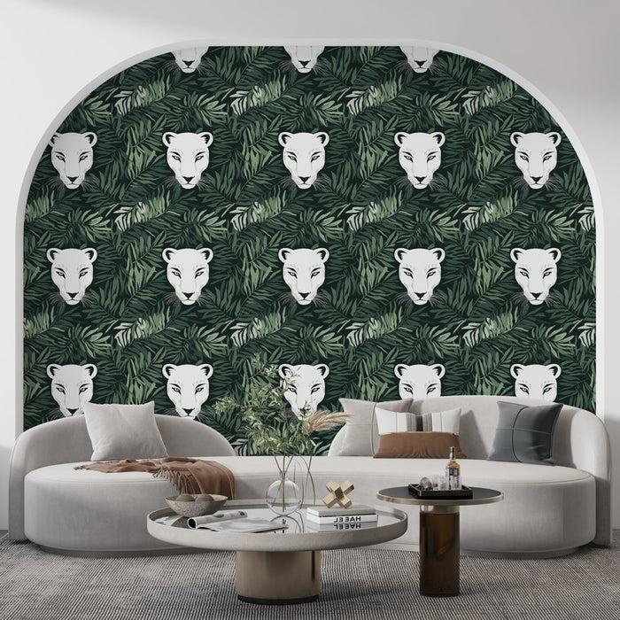Mural Wallpaper fauna and flora | White lion heads surrounded by lush foliage