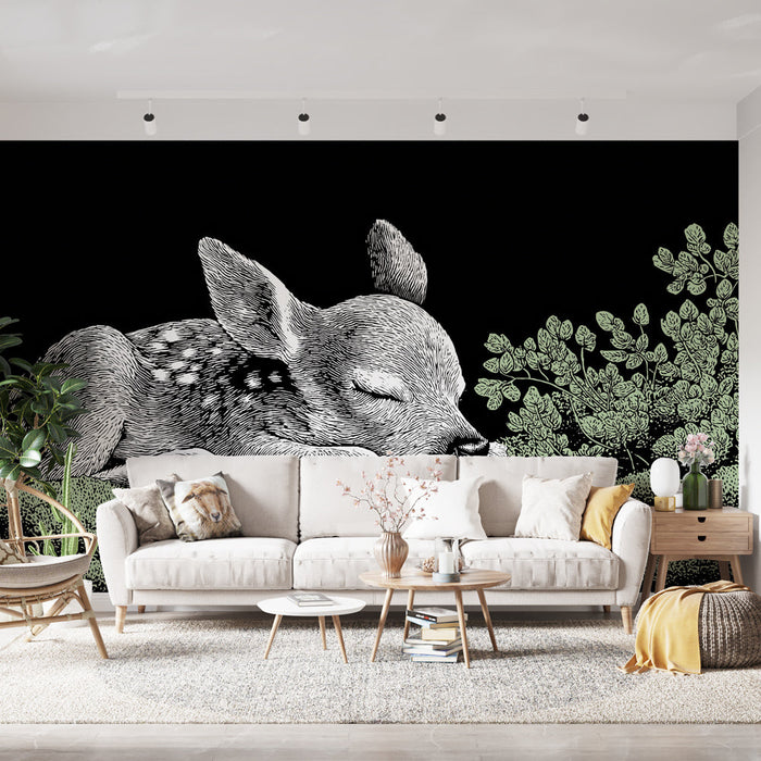 Fototapet faune | Ελάφι που κοιμάται σε ένα κρεβάτι πράσινου βρύου