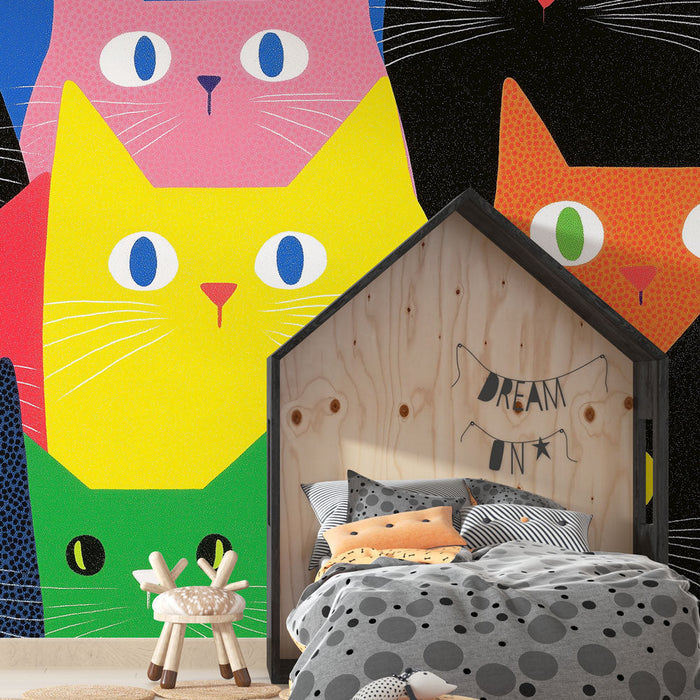 Renkli kedi duvar kağıdı | Grafik arka plan üzerinde parlak renklerde stilize edilmiş kediler