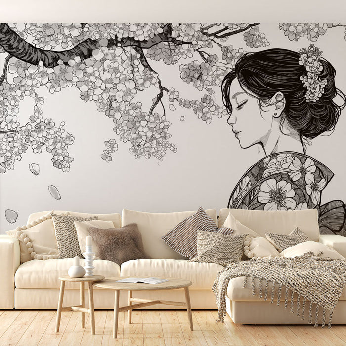 Fototapet kvinne i kimono | Elegante silhuett under en kirsebærblomst