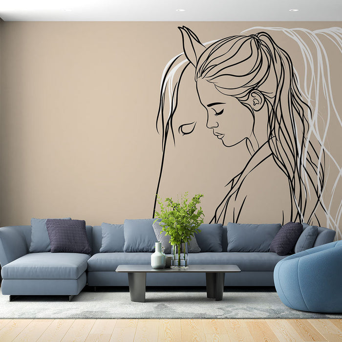 Mural Wallpaper woman and horse | Minimalist illustration of a gentle woman with her horse
