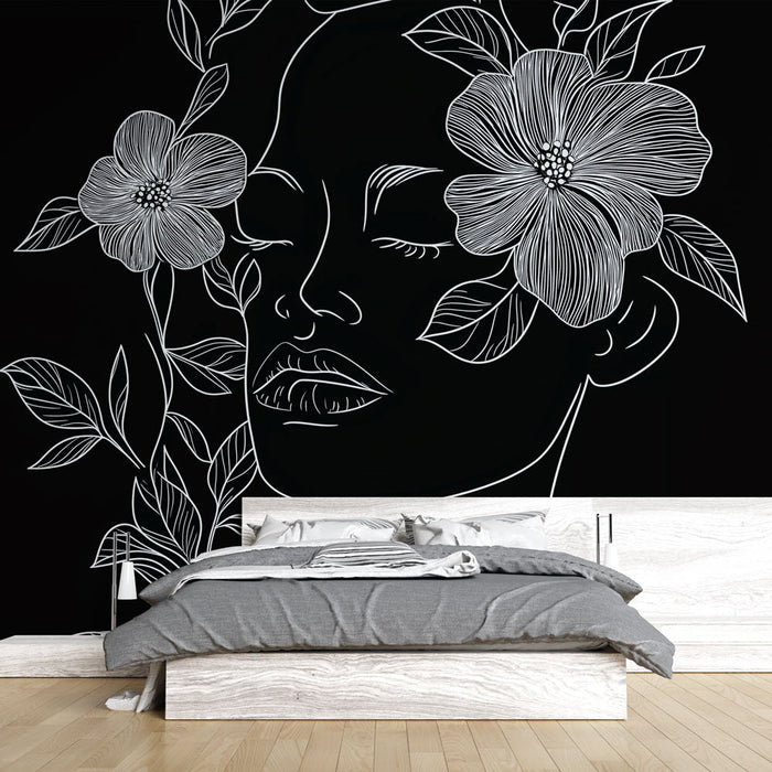 Falfestmény nő és virágok | Finom sziluett virágmintákkal fekete háttéren