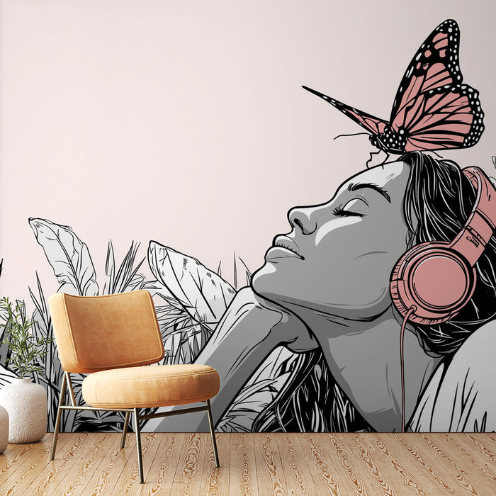 Papel pintado mujer y mariposa | Retrato minimalista de una mujer con auriculares y una mariposa en la cabeza