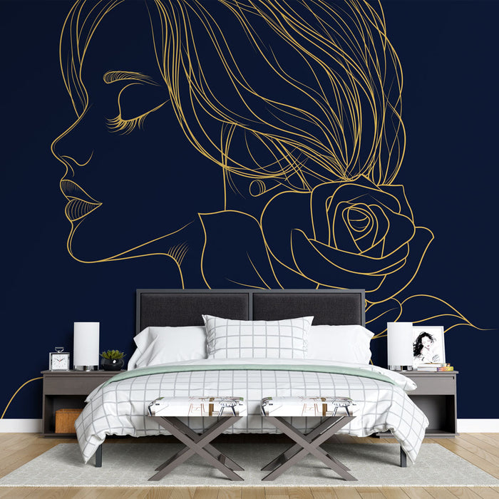 Tapet kvinde og lyserød | Elegant silhuet på midnatsblå baggrund