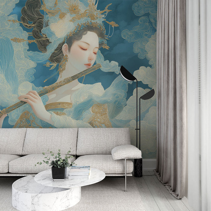 Mural Wallpaper woman playing the flute | Elegant artistic illustration with ethereal clouds