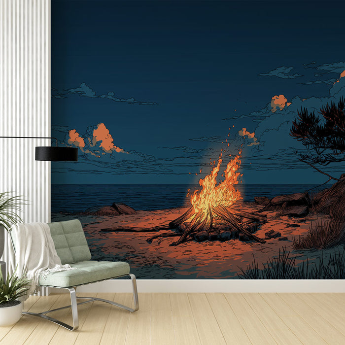 Carta da parati fuoco da campo | Atmosfera notturna vicino al mare con un fuoco caldo