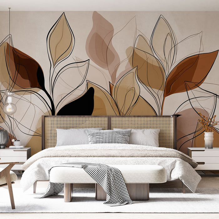 Tapete abstrakte Laubwand | Blätter mit warmen Farbtönen und zarten Linien