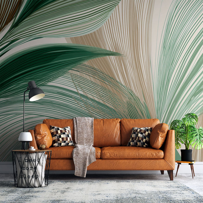 Mural Wallpaper abstract foliage | Leaves in shades of green on a neutral background