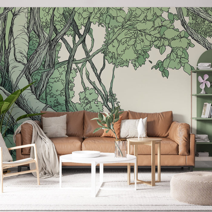 Fototapet soyut yapraklık | Yeşil tonlarda dal ve yaprak desenleri