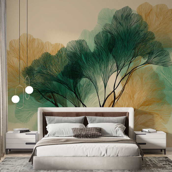 Carta da parati con foglie astratte | Motivi foglia verdi e dorati su sfondo beige