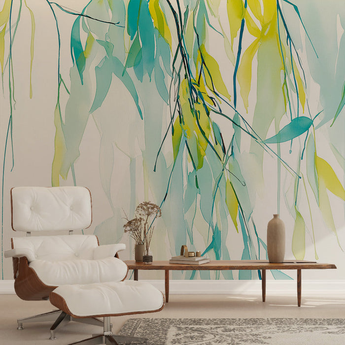 Fototapeet vesivärvilehed | Õrnad lehed sinise ja kollase varjunditega