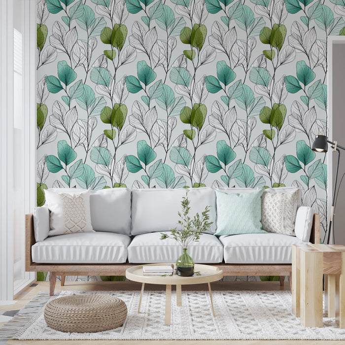 Carta da parati fogliame acquerello | Motivo delicato di foglie verdi e turchesi su sfondo chiaro