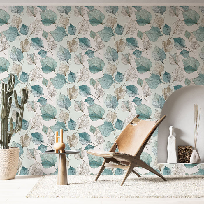 Tapeta s vodními rostlinami | Elegantní vzor tyrkysových a béžových listů na světlém pozadí