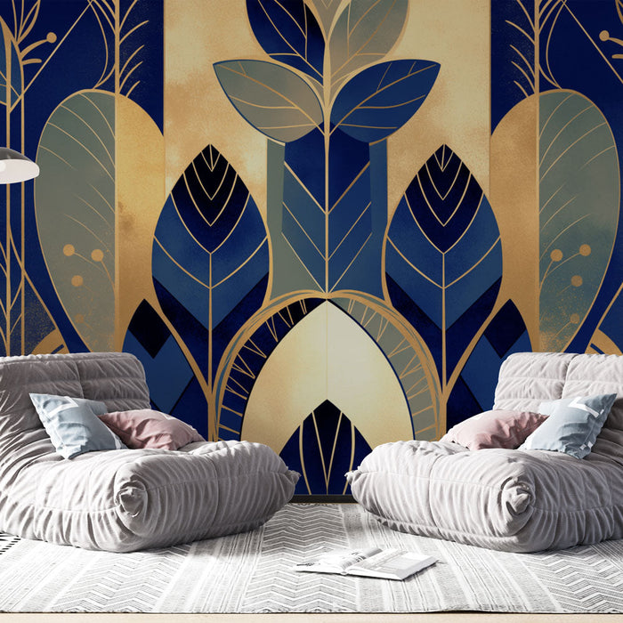 Tapeta s motivem listí | Modrá geometrická art deco